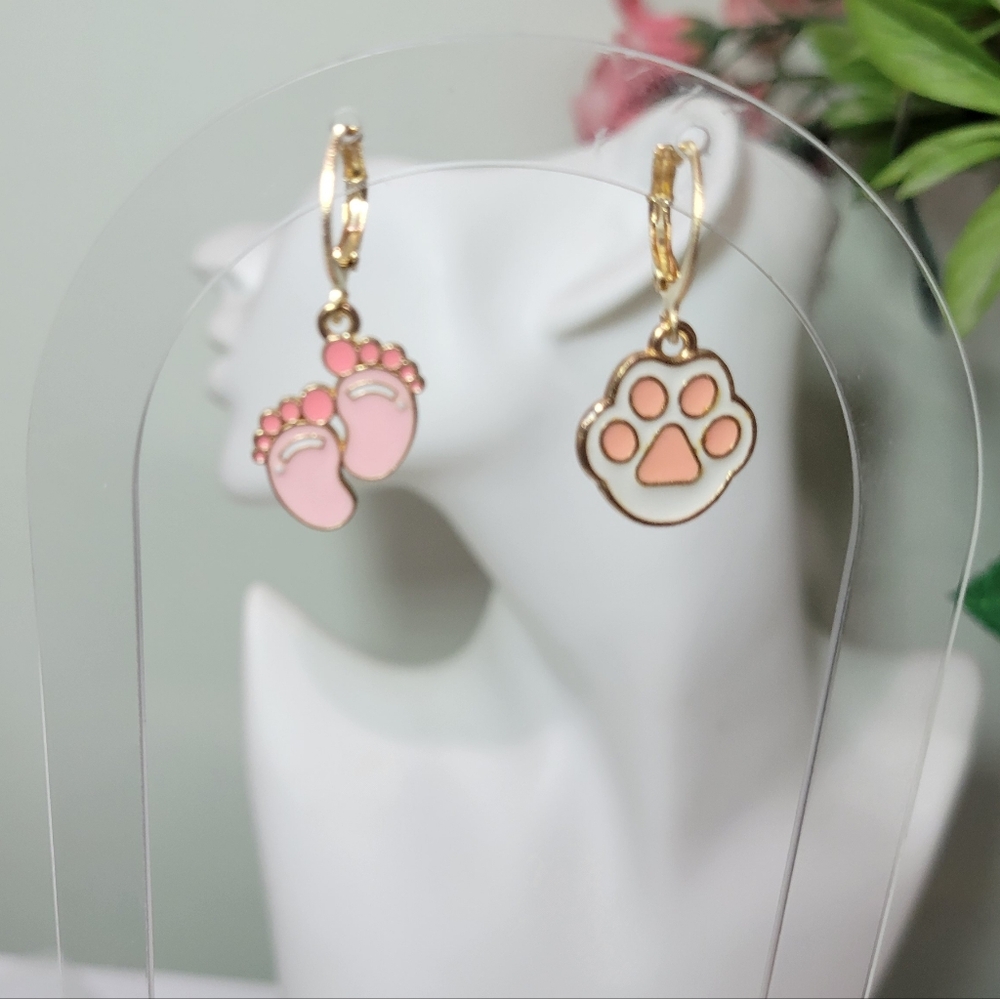 Pet PAW Human Feet Mismatched huggie White/Gold Earrings Hand Crafted - Picture 2 of 3
